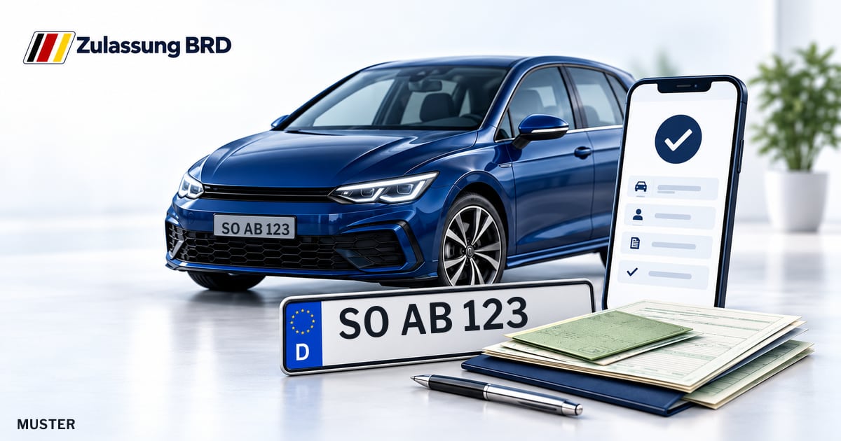 Online Fahrzeugzulassung in Landkreis Soest: Musterkennzeichen SO AB 123, Auto und Fahrzeugpapiere und Smartphone. Illustration mit Logo von Zulassung BRD.